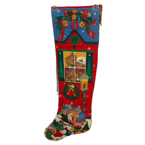 Vintage‎ Extra Large Jumbo Christmas Stocking Mice Cat Family Mouse Kitten - Picture 1 of 10
